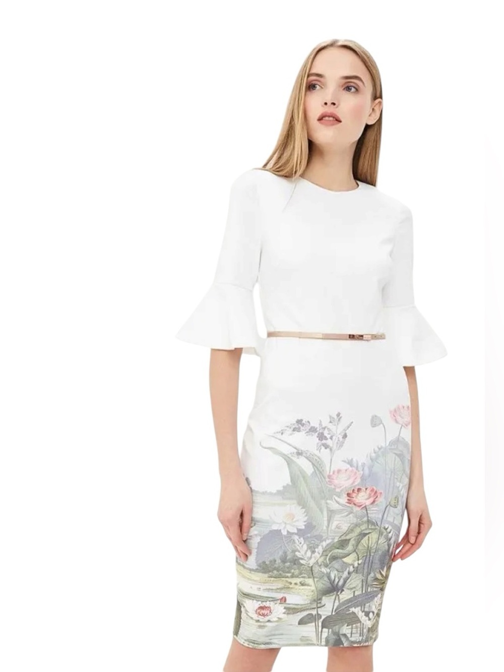 Ted Baker- Azania Wonderland Bodycon Dress White Floral Lotus Rose Sz 2 (US 6)